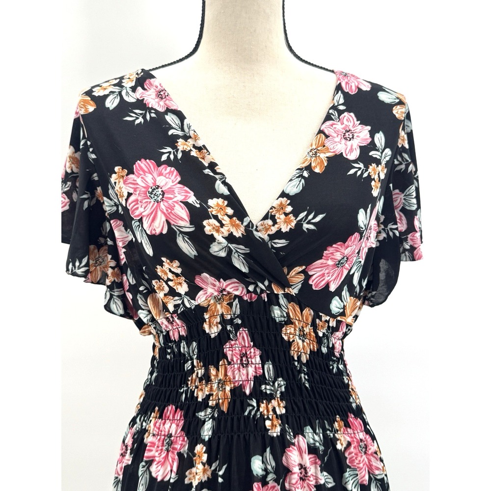 Tamsy Dark Floral Babydoll Maxi Dress OS Flutter Sleeve Stretch Whimsigoth Boho - Picture 3 of 12